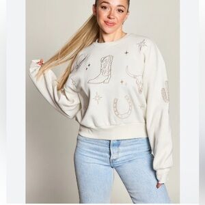 🆕 Cotton Essentials Western Embroidered Pullover Sweatshirt Casual Size XL Cream